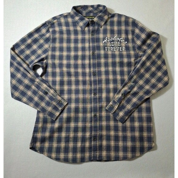 A*sholes Live Forever Flannel Shirt Men XXL Blue Plaid Smoking Skull Embrodiey - Picture 2 of 8